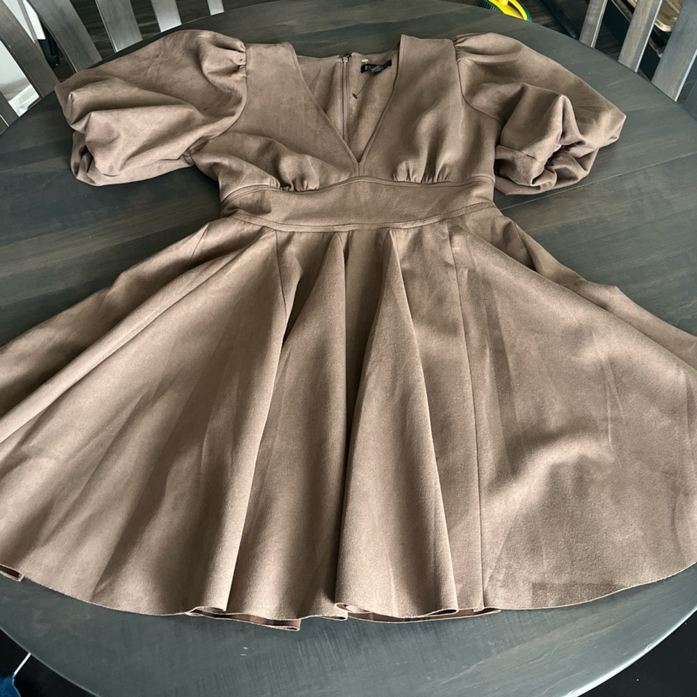 Express suede v neck puff sleeve dress